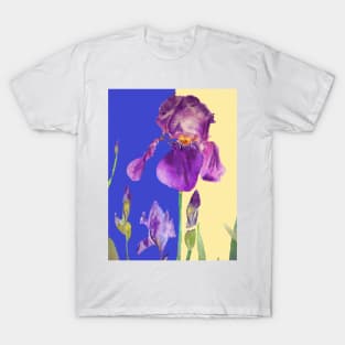Iris Watercolor Painting - Elegant Purple on Navy & Lemon Yellow T-Shirt